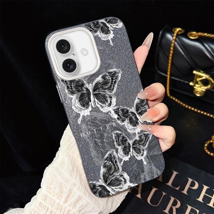 

For iPhone 16 Plus Sketch Butterflies Pattern IMD Glitter PC Hybrid TPU Phone Case(Black)