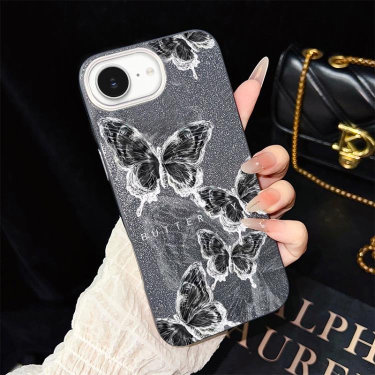 

For iPhone 17e / 16e Sketch Butterflies Pattern IMD Glitter PC Hybrid TPU Phone Case(Black)