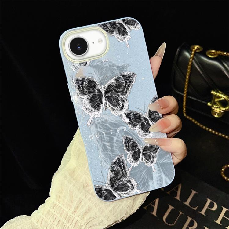 For iPhone 17e / 16e Sketch Butterflies Pattern IMD Glitter PC Hybrid TPU Phone Case(Blue)