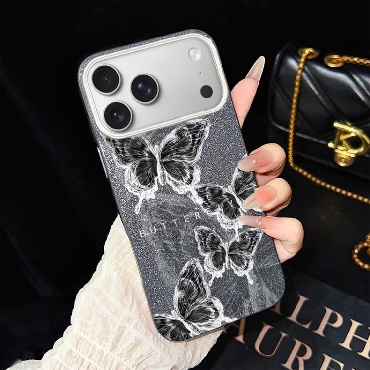 For iPhone 18 Pro / 17 Pro Sketch Butterflies Pattern IMD Glitter PC Hybrid TPU Phone Case(Black)