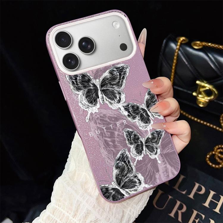 

For iPhone 17 Pro Sketch Butterflies Pattern IMD Glitter PC Hybrid TPU Phone Case(Purple)