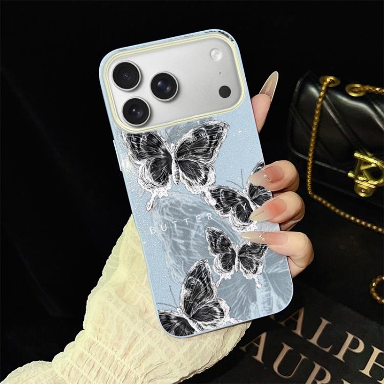 For iPhone 18 Pro Max / 17 Pro Max Sketch Butterflies Pattern IMD Glitter PC Hybrid TPU Phone Case(Blue)