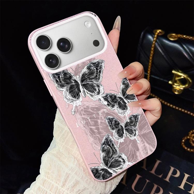 For iPhone 17 Pro Max Sketch Butterflies Pattern IMD Glitter PC Hybrid TPU Phone Case(Pink)
