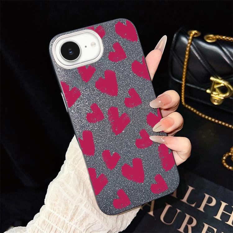 For iPhone 17e / 16e Rose Red Hearts Pattern IMD Glitter PC Hybrid TPU Phone Case(Black)