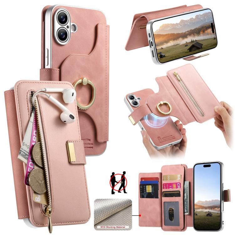 

For iPhone 17 Precision Hole Silver-Edged Ring RFID Blocking Zipper Wallet Magnetic Vegan Leather Phone Case(Pink)