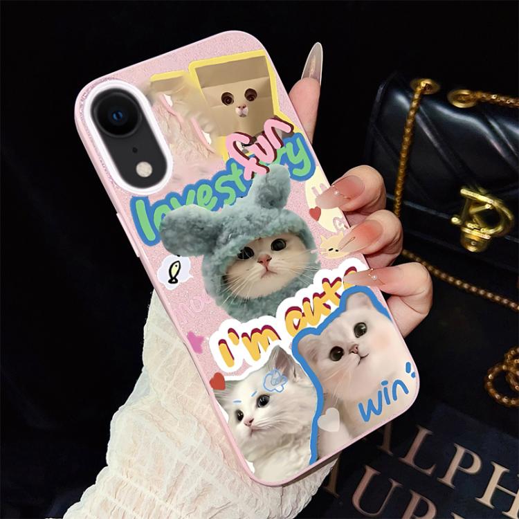 For iPhone XR Cats Pattern IMD Glitter PC Hybrid TPU Phone Case(Pink)