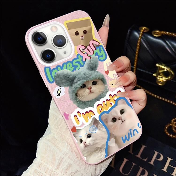 For iPhone 11 Pro Max Cats Pattern IMD Glitter PC Hybrid TPU Phone Case(Pink)