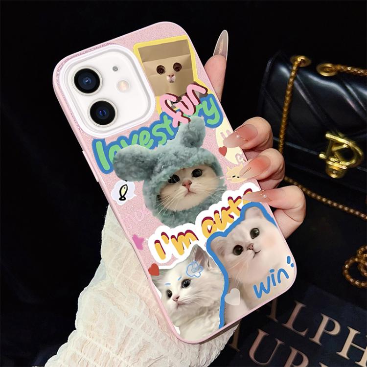 For iPhone 12 Cats Pattern IMD Glitter PC Hybrid TPU Phone Case(Pink)