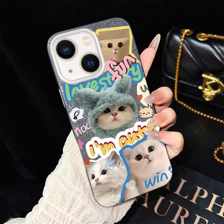 For iPhone 13 Cats Pattern IMD Glitter PC Hybrid TPU Phone Case(Black)