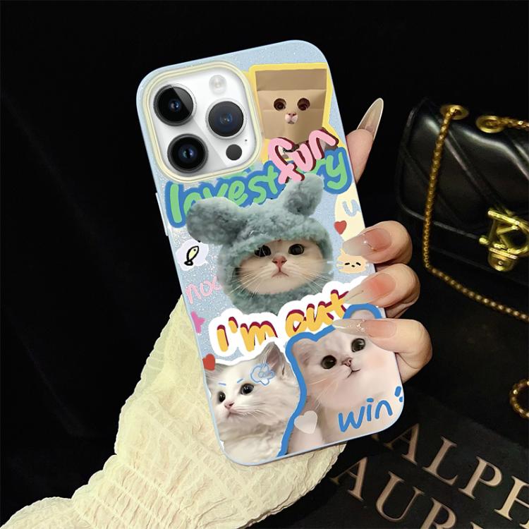 For iPhone 13 Pro Max Cats Pattern IMD Glitter PC Hybrid TPU Phone Case(Blue)