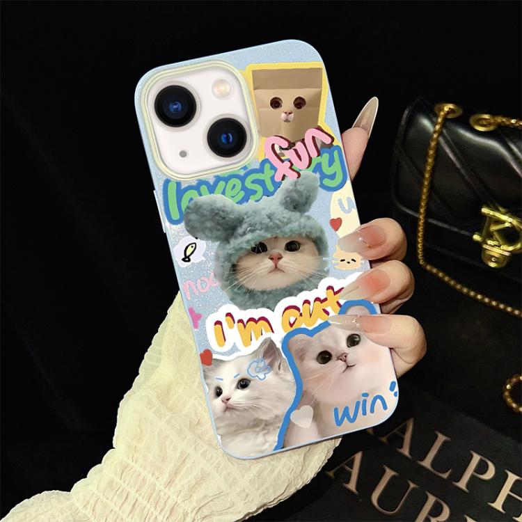 For iPhone 14 Plus Cats Pattern IMD Glitter PC Hybrid TPU Phone Case(Blue)