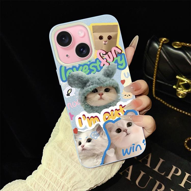 For iPhone 15 Cats Pattern IMD Glitter PC Hybrid TPU Phone Case(Blue)