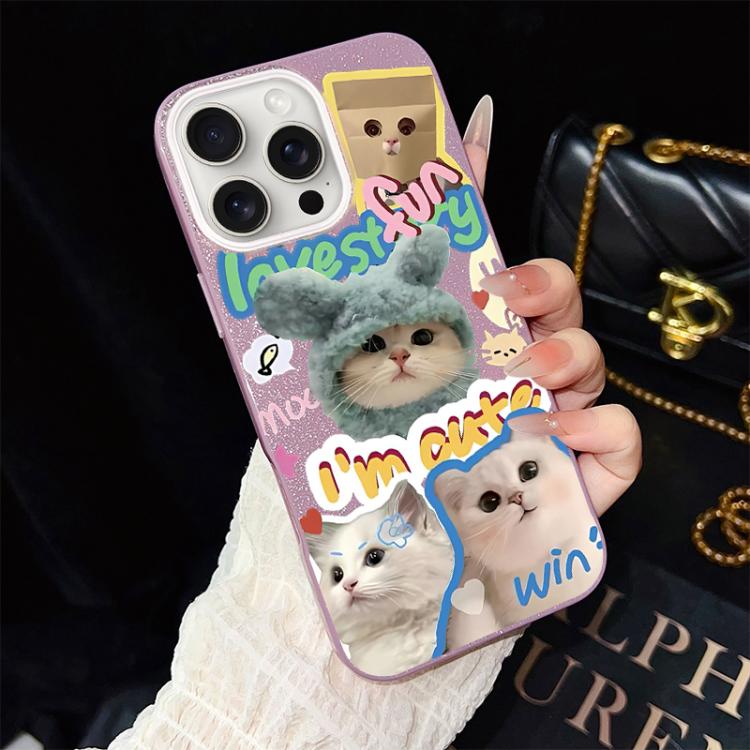 

For iPhone 15 Pro Cats Pattern IMD Glitter PC Hybrid TPU Phone Case(Purple)