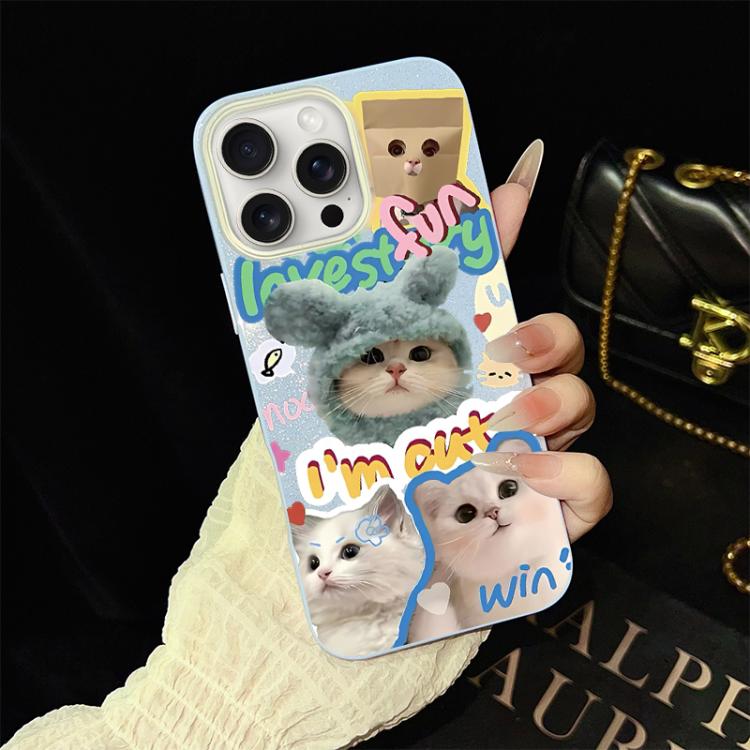 

For iPhone 15 Pro Max Cats Pattern IMD Glitter PC Hybrid TPU Phone Case(Blue)