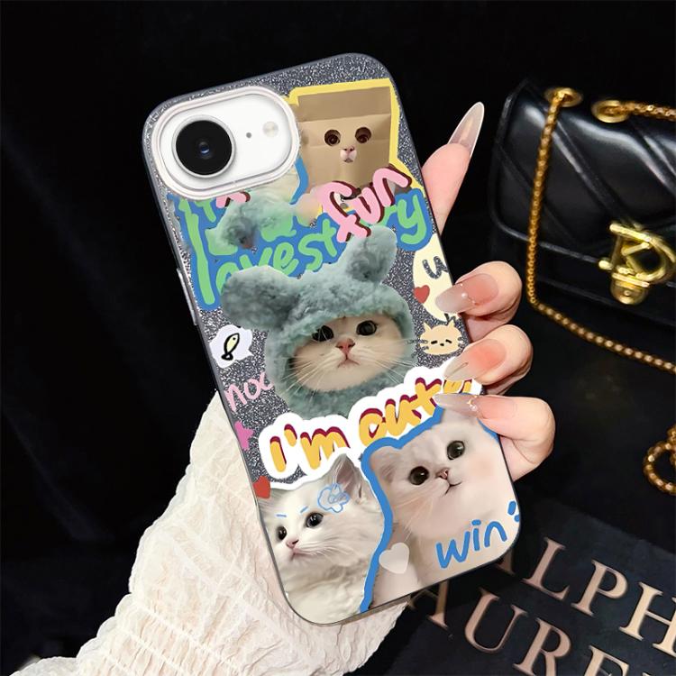 For iPhone 17e / 16e Cats Pattern IMD Glitter PC Hybrid TPU Phone Case(Black)
