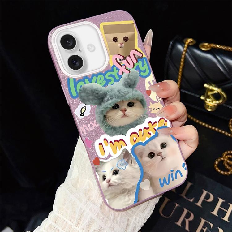 For iPhone 17 Cats Pattern IMD Glitter PC Hybrid TPU Phone Case(Purple)