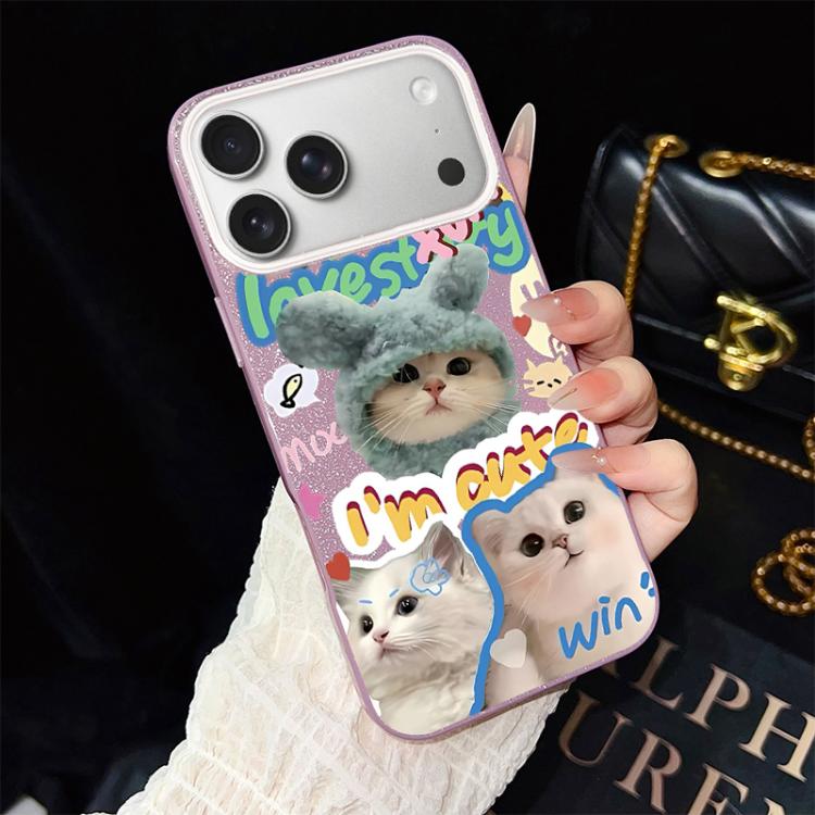 For iPhone 17 Pro Max Cats Pattern IMD Glitter PC Hybrid TPU Phone Case(Purple)
