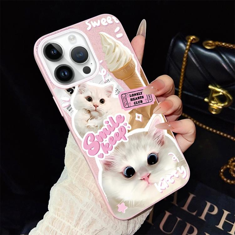 For iPhone 13 Pro Ice Cream Cats Pattern IMD Glitter PC Hybrid TPU Phone Case(Pink)