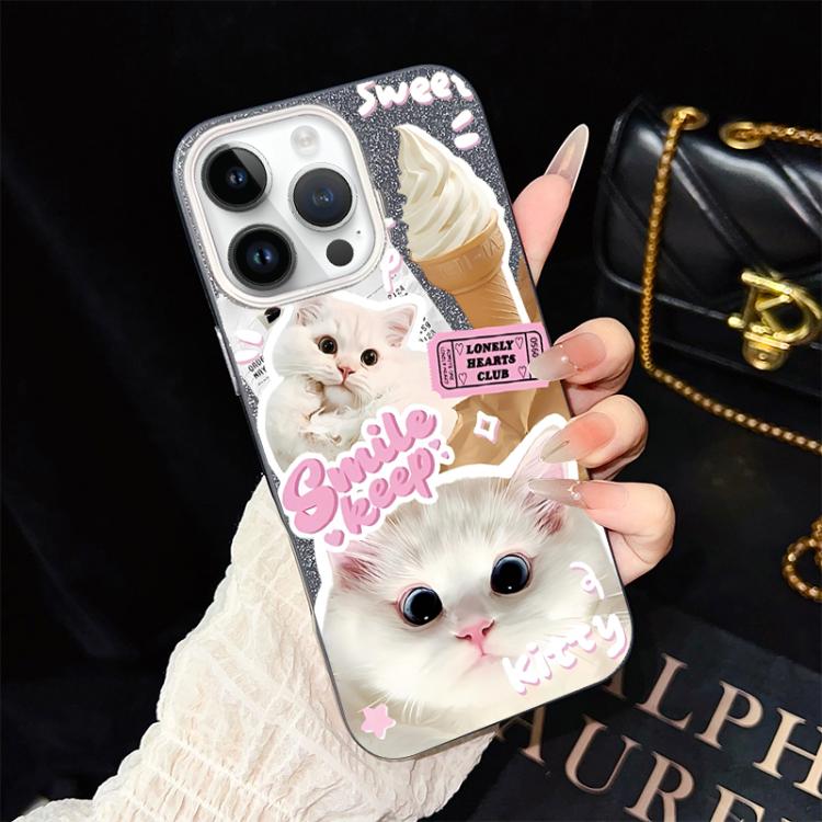 For iPhone 13 Pro Max Ice Cream Cats Pattern IMD Glitter PC Hybrid TPU Phone Case(Black)