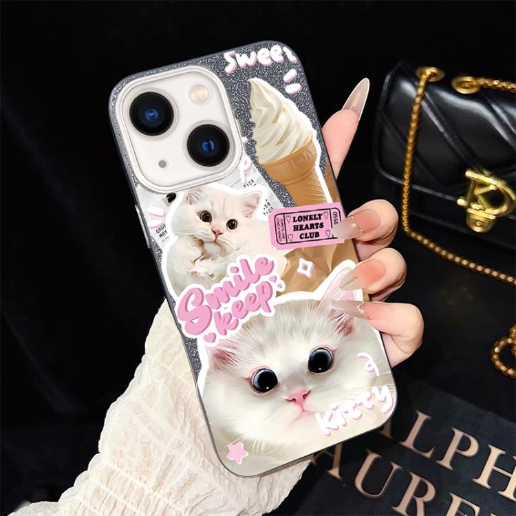 For iPhone 14 Ice Cream Cats Pattern IMD Glitter PC Hybrid TPU Phone Case(Black)
