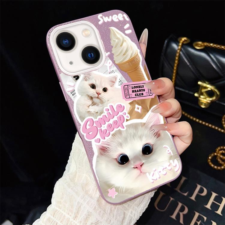 For iPhone 14 Plus Ice Cream Cats Pattern IMD Glitter PC Hybrid TPU Phone Case(Purple)
