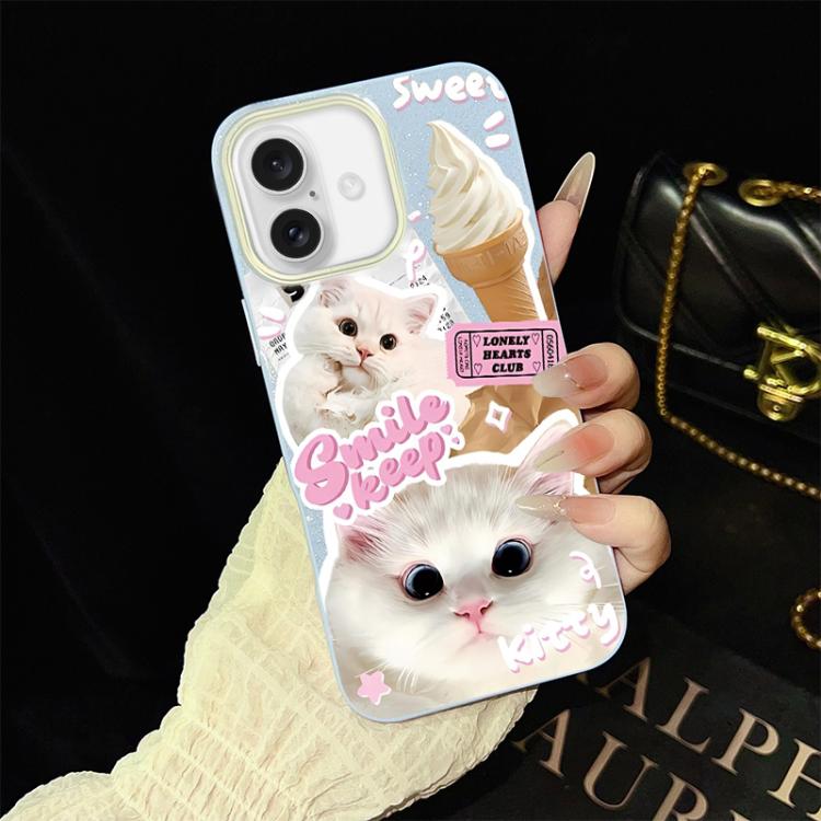 For iPhone 16 Ice Cream Cats Pattern IMD Glitter PC Hybrid TPU Phone Case(Blue)