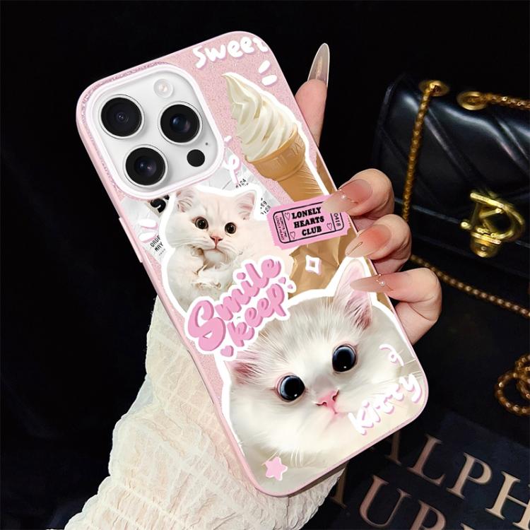 For iPhone 16 Pro Max Ice Cream Cats Pattern IMD Glitter PC Hybrid TPU Phone Case(Pink)