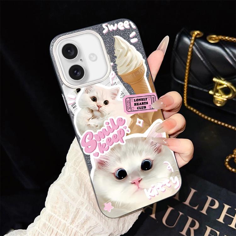 For iPhone 17 Ice Cream Cats Pattern IMD Glitter PC Hybrid TPU Phone Case(Black)