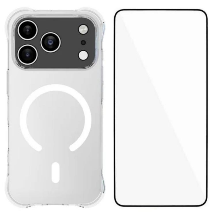 For iPhone 17 Pro WANLONFENG Transparent Magnetic Four-Corner Shockproof TPU Phone Case with Screen Film(Transparent)