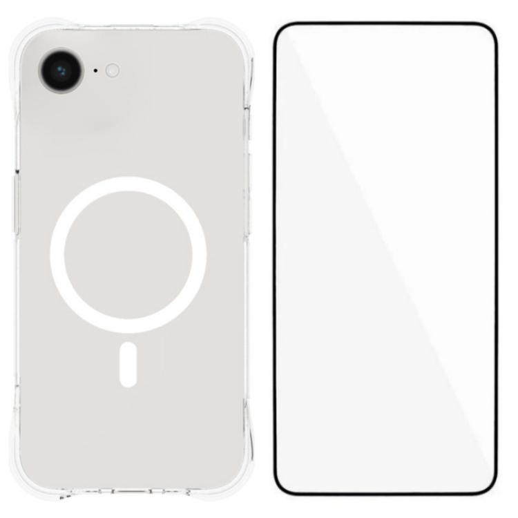 For iPhone 17e / 16e WANLONFENG Transparent Magnetic Four-Corner Shockproof TPU Phone Case with Screen Film(Transparent)