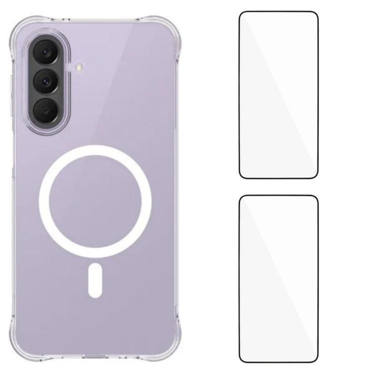 

For Galaxy A57 5G WANLONFENG Transparent Magnetic Four-Corner Shockproof TPU Phone Case with 2pcs Screen Films(Transparent)