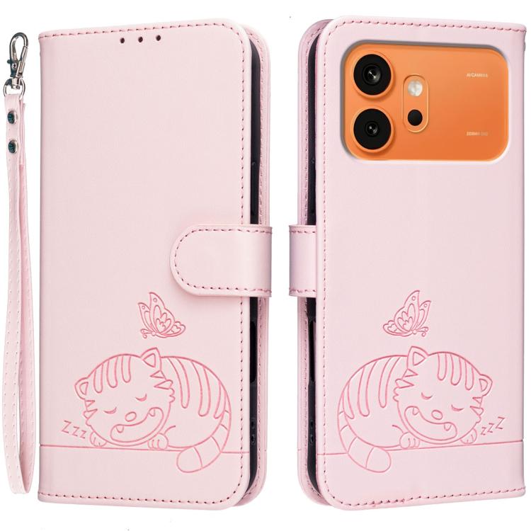 

For Honor 600 Pro Global Cat Butterfly Embossed RFID Vegan Leather Phone Case with Strap(Pink)