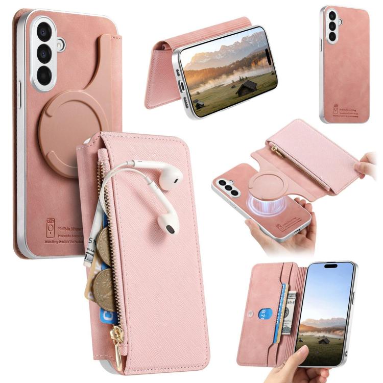 

For Galaxy A57 5G CaseNeo Precision Hole Silver-Edged Magnetic Zipper Wallet Cross-Grain Vegan Leather Phone Case(Pink)