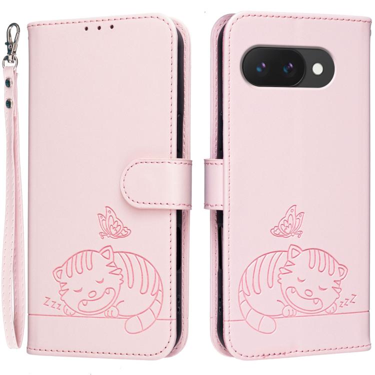 

For Google Pixel 10a Cat Butterfly Embossed RFID Vegan Leather Phone Case with Strap(Pink)