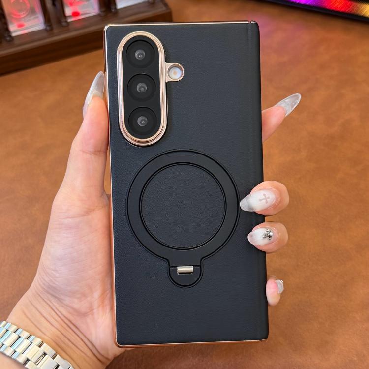 

For Galaxy Z Fold7 5G Vegan Leather Single Middle Axis Rotating Stand Phone Case(Black)