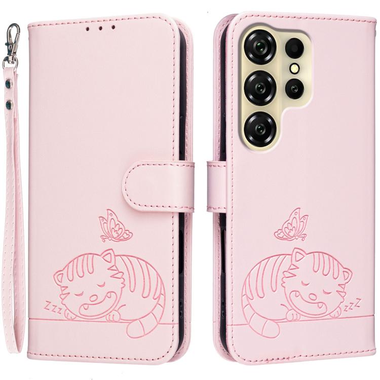 

For Oukitel C26 Cat Butterfly Embossed RFID Vegan Leather Phone Case with Strap(Pink)