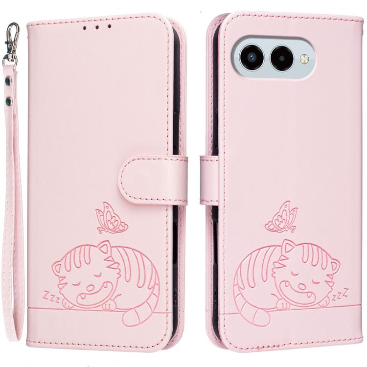 For T-Mobile Revvl 8 Pro 5G Cat Butterfly Embossed RFID Vegan Leather Phone Case with Strap(Pink)