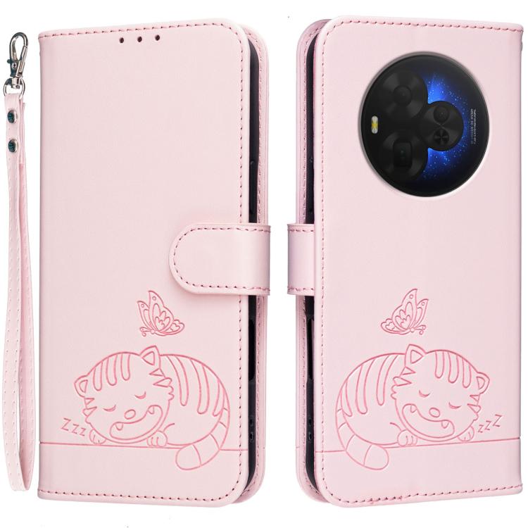 

For TCL NXTpaper 60 Ultra Cat Butterfly Embossed RFID Vegan Leather Phone Case with Strap(Pink)