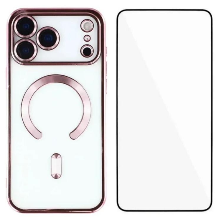 

For iPhone 17 Pro Max WANLONFENG CD Magnetic Electroplated TPU Phone Case with Screen Protector(Pink)