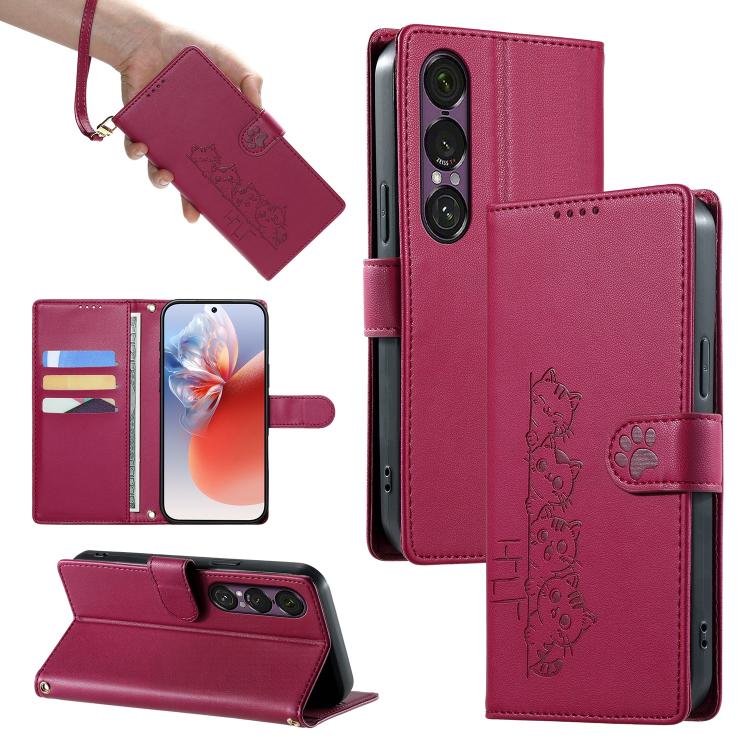 

For Sony Xperia 1 VII Cute Cats Magnetic Closure Vegan Leather Phone Case with Strap(Rose Red)