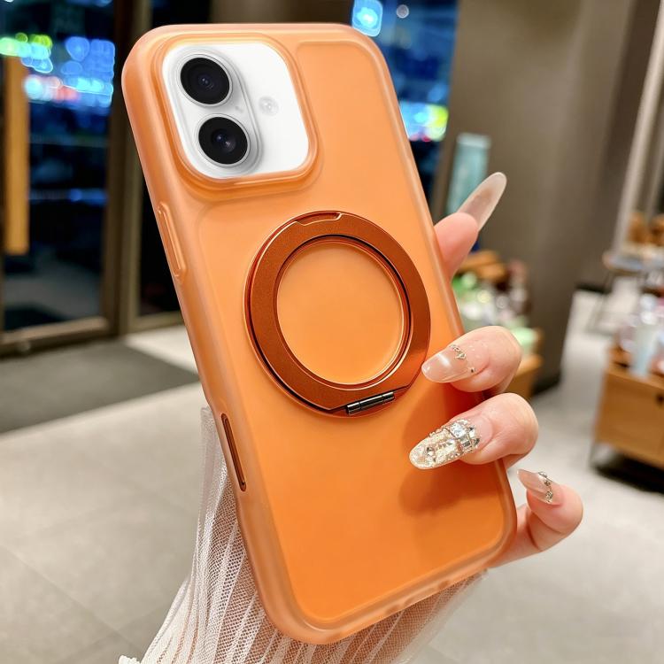 For iPhone 16 Plus Skin Feel 360 Degrees Rotating Holder PC Hybrid TPU Magnetic Phone Case(Orange)