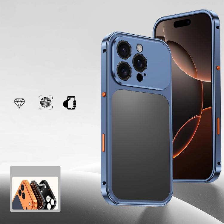For iPhone 16 Pro Max Cooling Spring Buckle Metal Frame Phone Case(Ttanium Blue)