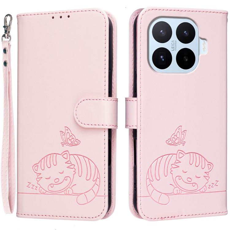

For Xiaomi 17T Pro 5G Cat Butterfly Embossed RFID Vegan Leather Phone Case with Strap(Pink)