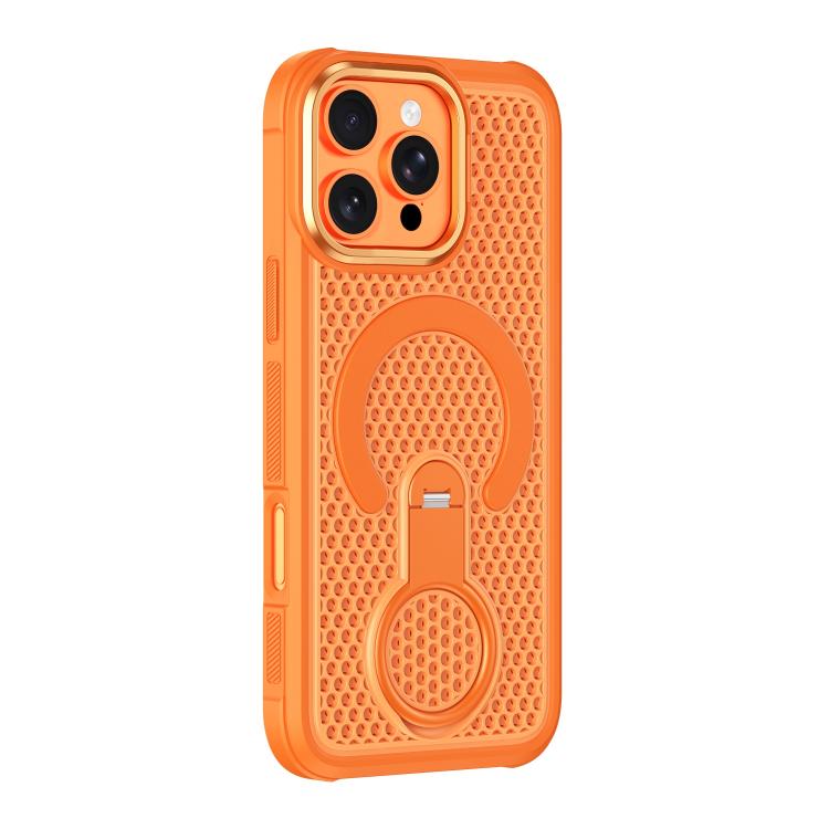 For iPhone 16 Pro Max Colorful Hollowed Cooling 360 Degree Rotation Ring Holder Magnetic Phone Case(Orange)