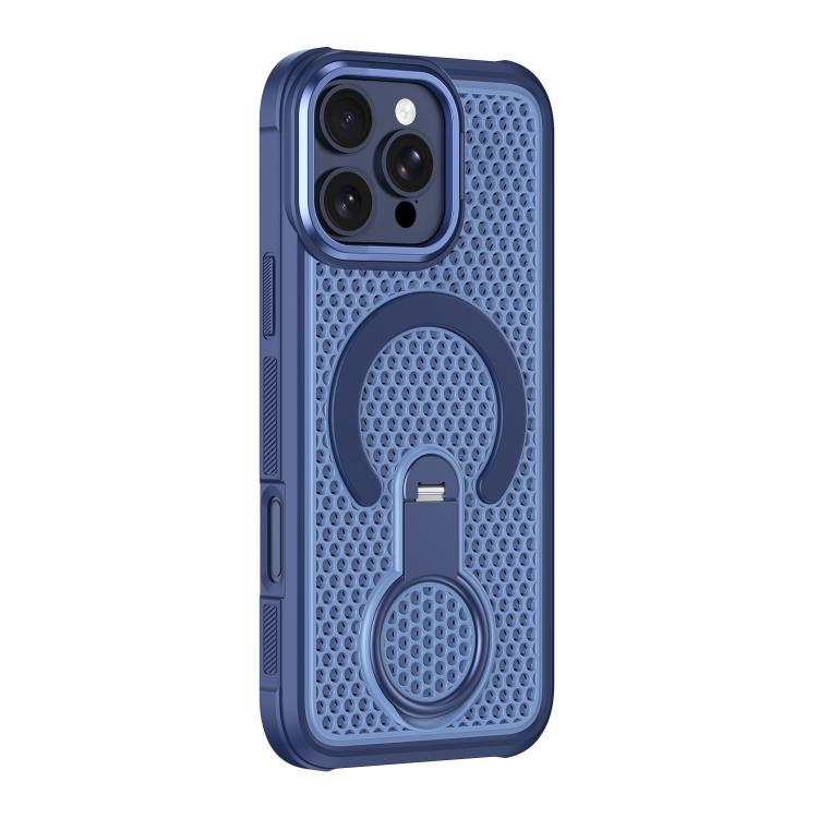 For iPhone 16 Pro Colorful Hollowed Cooling 360 Degree Rotation Ring Holder Magnetic Phone Case(Blue)