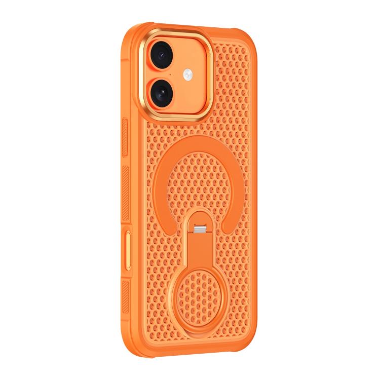 For iPhone 16 Colorful Hollowed Cooling 360 Degree Rotation Ring Holder Magnetic Phone Case(Orange)
