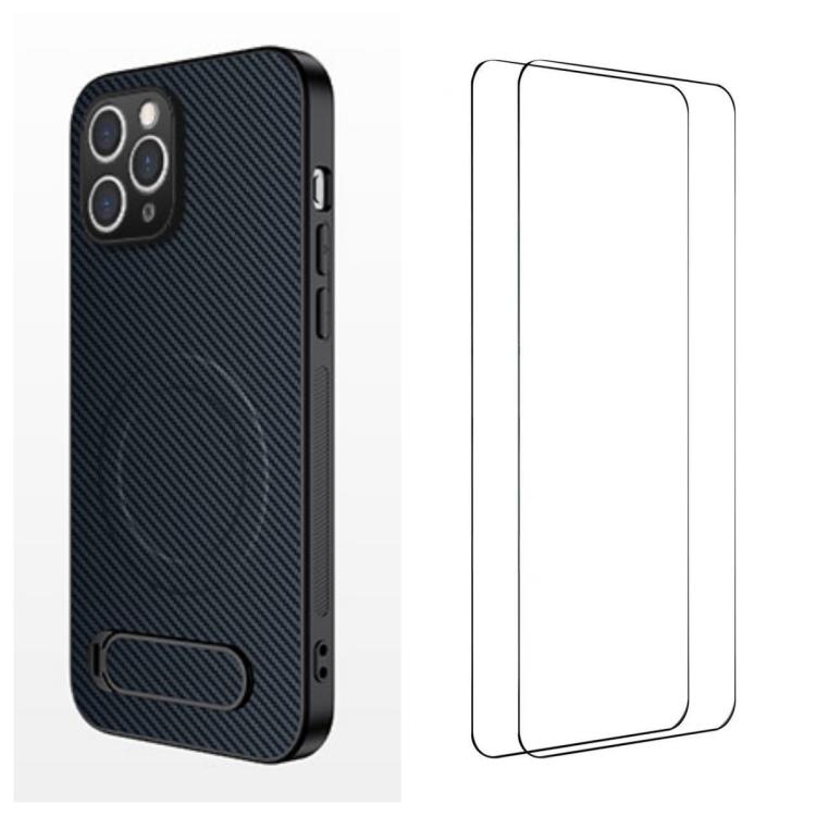 For iPhone 11 Pro Max WANLONFENG Kickstand Carbon Fiber Texture Magnetic Phone Case with 2pcs Screen Films(Sapphire Blue)