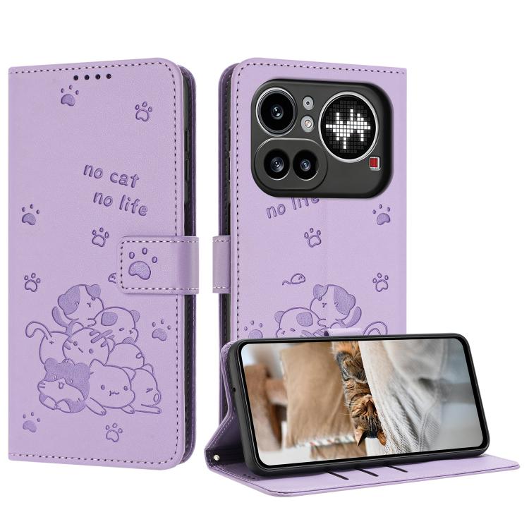 

For Nothing Phone 4a Pro Embossed Kitten Phone Leather Case with Lanyard(Purple)