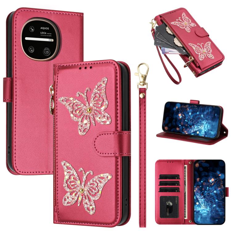For Sharp Aquos R11 Glitter Butterfly Zipper Vegan Leather Phone Case with Wrist Strap(Rose Red)