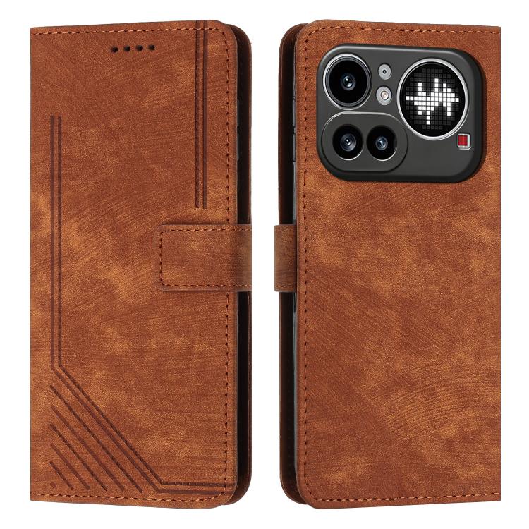 

For Nothing Phone 4a Pro Skin Feel Stripe Pattern Leather Phone Case with Lanyard(Brown)